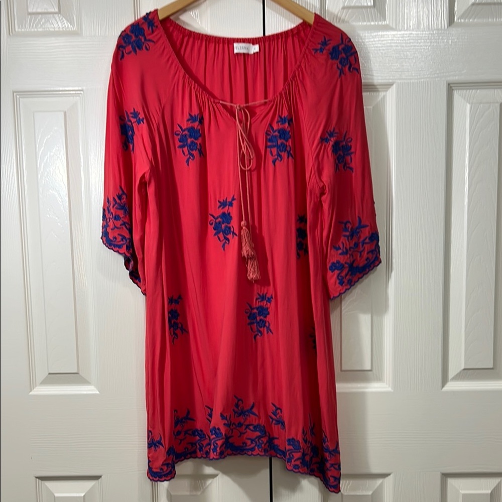 Velzera Coral Red and Blue Embroidered Floral Tunic Sz XXL - Picture 1 of 10